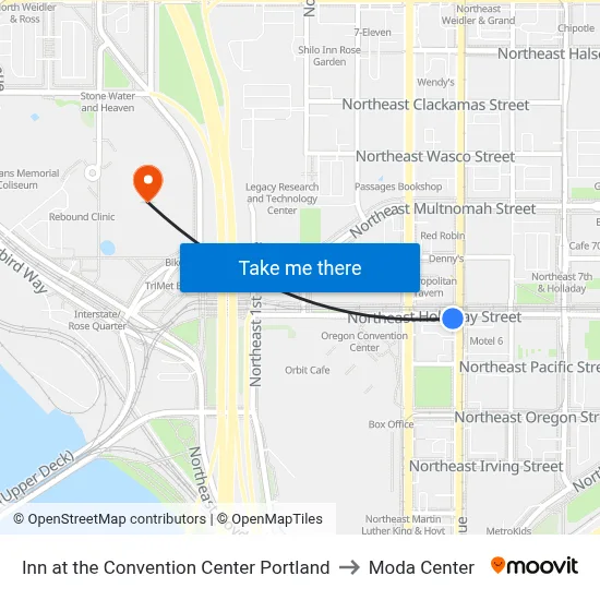 Inn at the Convention Center Portland to Moda Center map