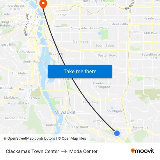 Clackamas Town Center to Moda Center map