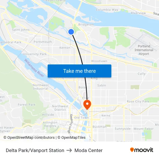 Delta Park/Vanport Station to Moda Center map