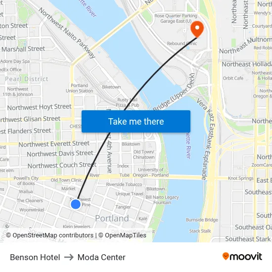 Benson Hotel to Moda Center map