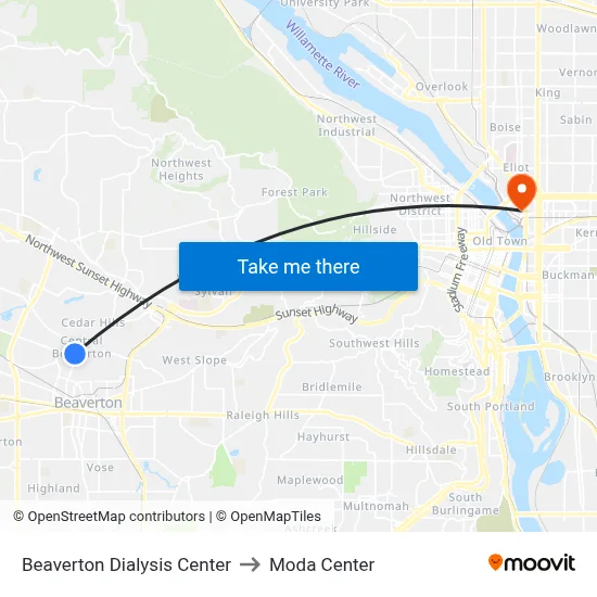 Beaverton Dialysis Center to Moda Center map