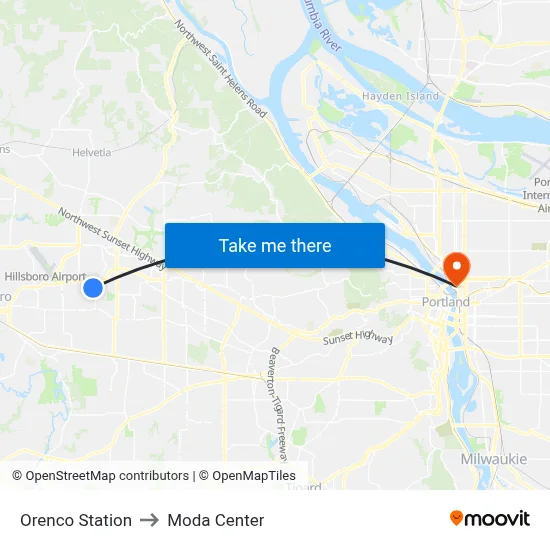 Orenco Station to Moda Center map
