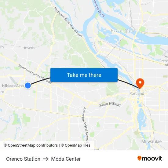 Orenco Station to Moda Center map
