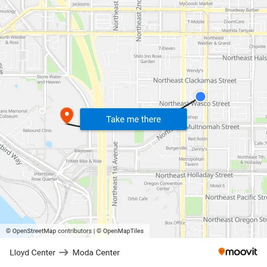 Lloyd Center to Moda Center map
