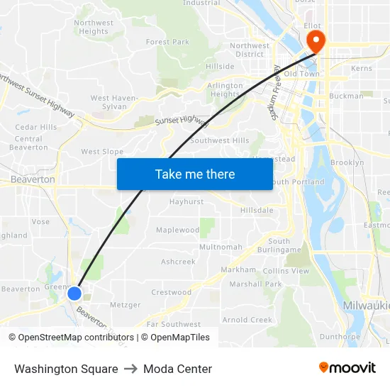 Washington Square to Moda Center map