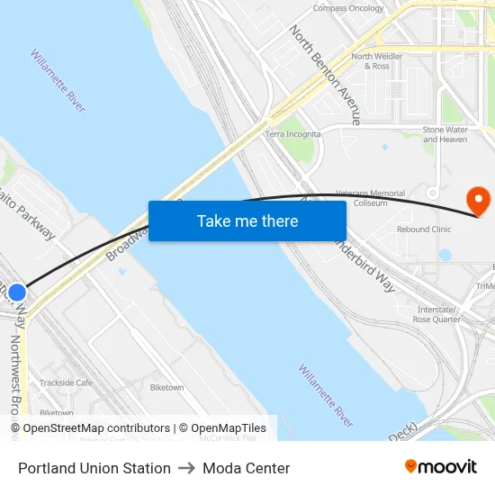 Portland Union Station to Moda Center map