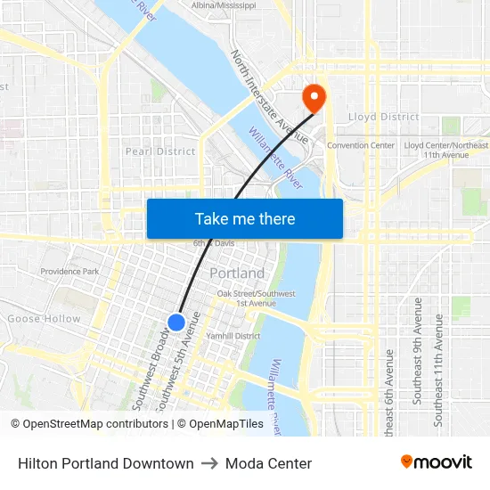 Hilton Portland Downtown to Moda Center map