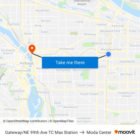 Gateway/NE 99th Ave TC Max Station to Moda Center map