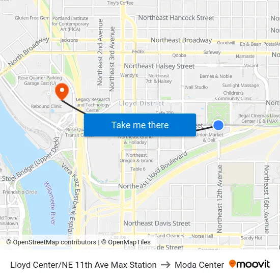 Lloyd Center/NE 11th Ave Max Station to Moda Center map