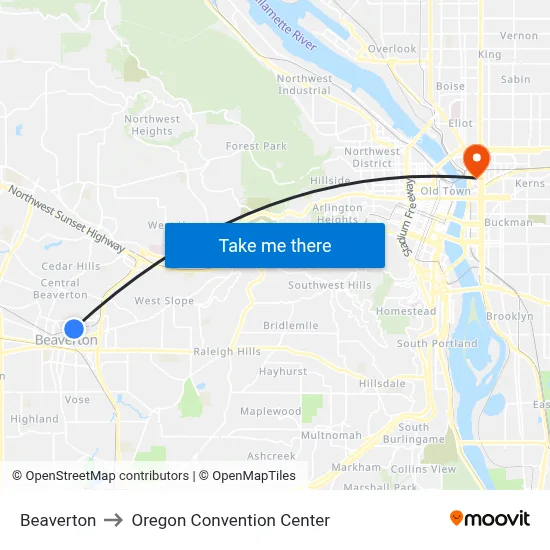 Beaverton to Oregon Convention Center map