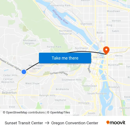 Sunset Transit Center to Oregon Convention Center map