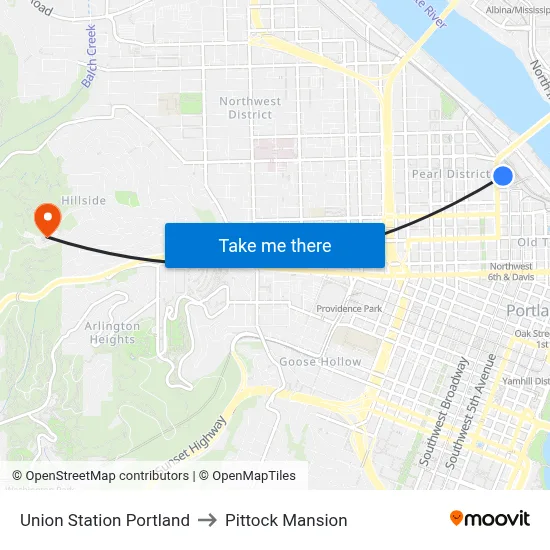 Union Station Portland to Pittock Mansion map