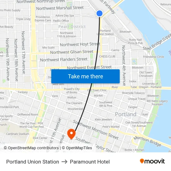 Portland Union Station to Paramount Hotel map