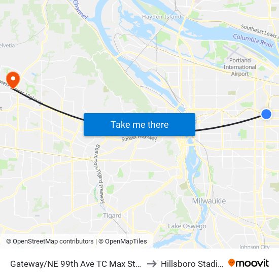 Gateway/NE 99th Ave TC Max Station to Hillsboro Stadium map