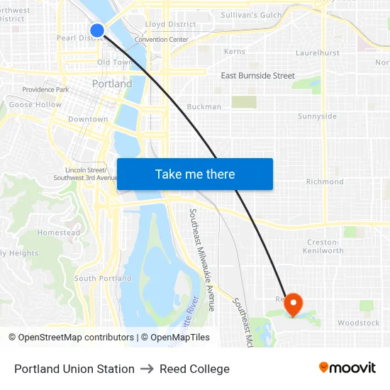 Portland Union Station to Reed College map