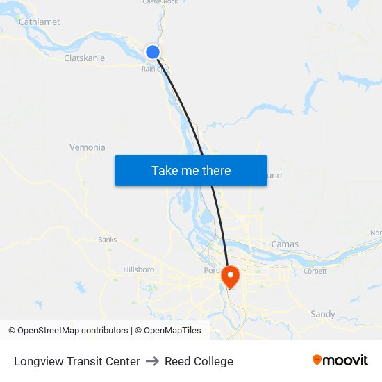 Longview Transit Center to Reed College map