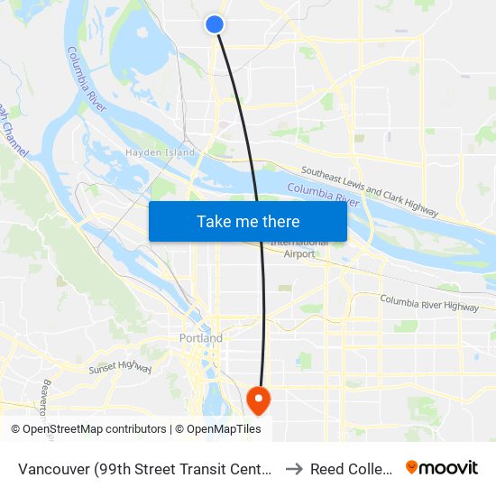 Vancouver (99th Street Transit Center) to Reed College map