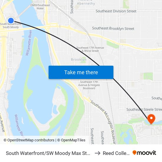 South Waterfront/SW Moody Max Station to Reed College map