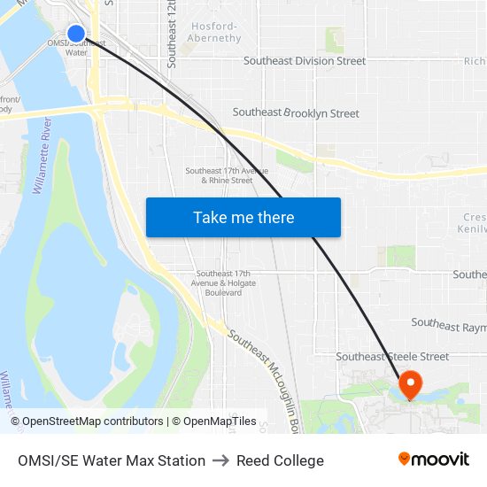 OMSI/SE Water Max Station to Reed College map