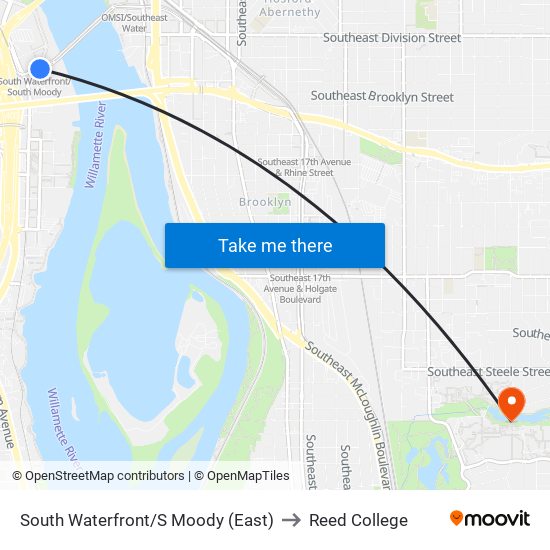 South Waterfront/S Moody (East) to Reed College map