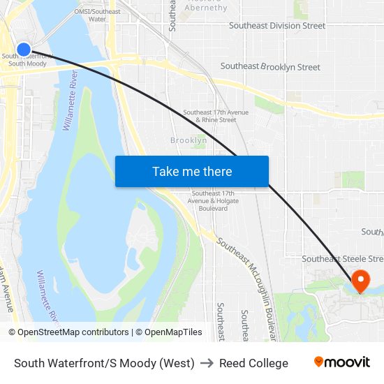 South Waterfront/S Moody (West) to Reed College map