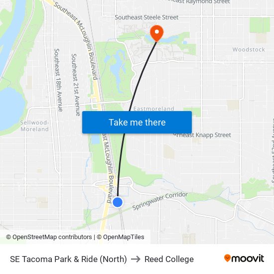SE Tacoma Park & Ride (North) to Reed College map