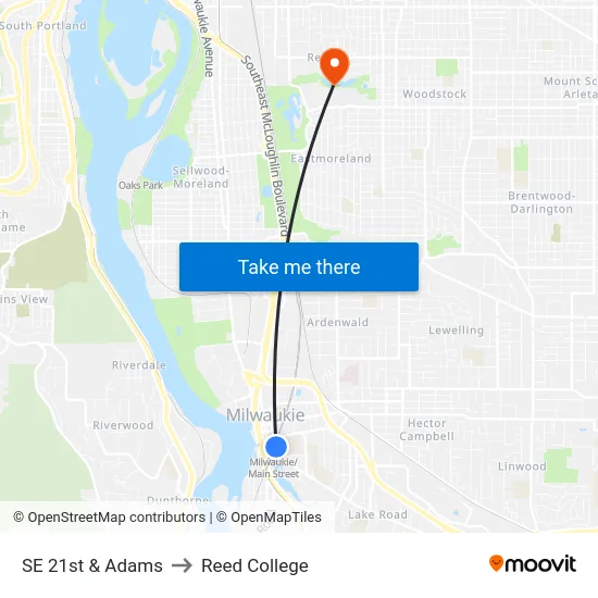 SE 21st & Adams to Reed College map