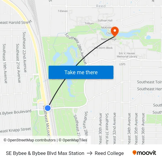 SE Bybee & Bybee Blvd Max Station to Reed College map