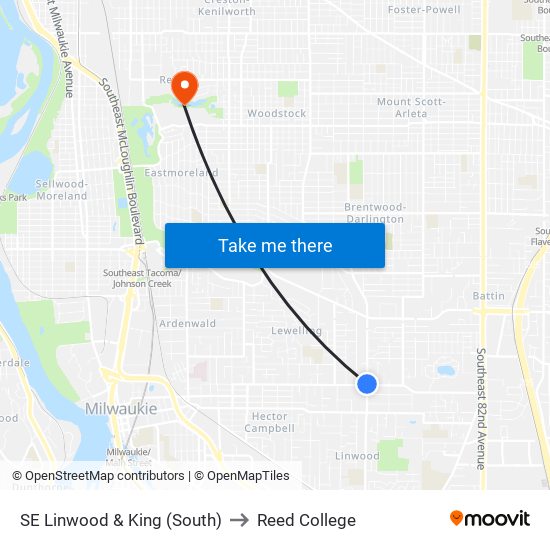 SE Linwood & King (South) to Reed College map