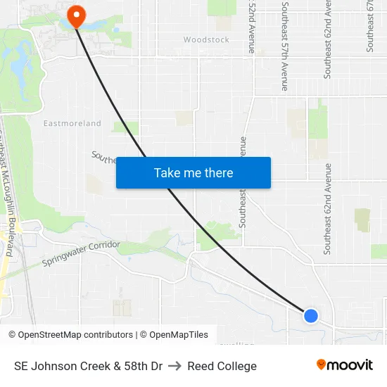SE Johnson Creek & 58th Dr to Reed College map