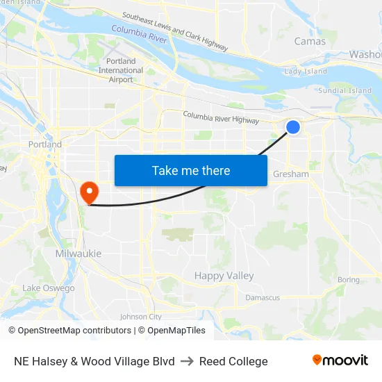 NE Halsey & Wood Village Blvd to Reed College map