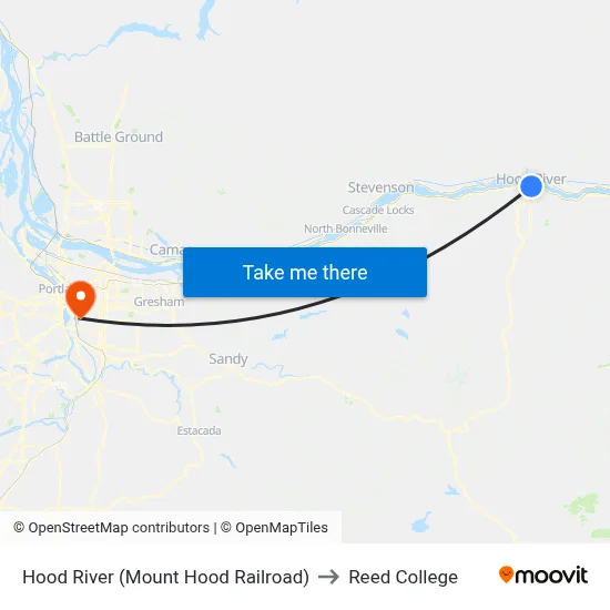 Hood River (Mount Hood Railroad) to Reed College map