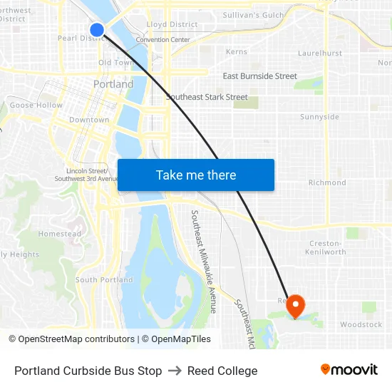 Portland Curbside Bus Stop to Reed College map
