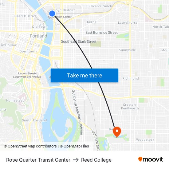 Rose Quarter Transit Center to Reed College map