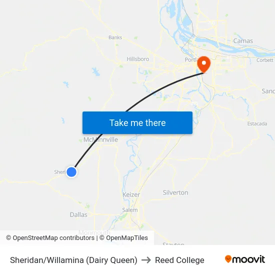 Sheridan/Willamina (Dairy Queen) to Reed College map