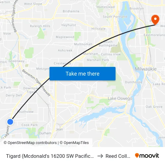 Tigard (Mcdonald's 16200 SW Pacific Hwy) to Reed College map