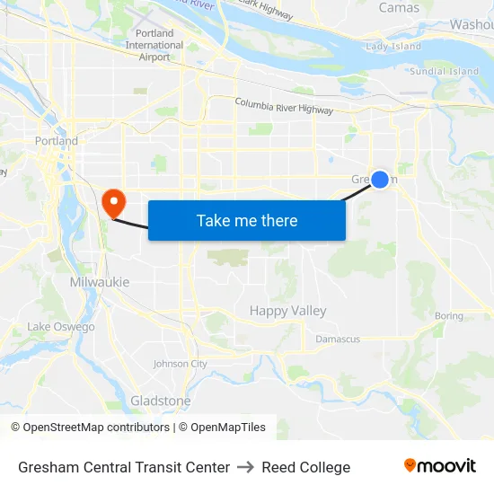 Gresham Central Transit Center to Reed College map