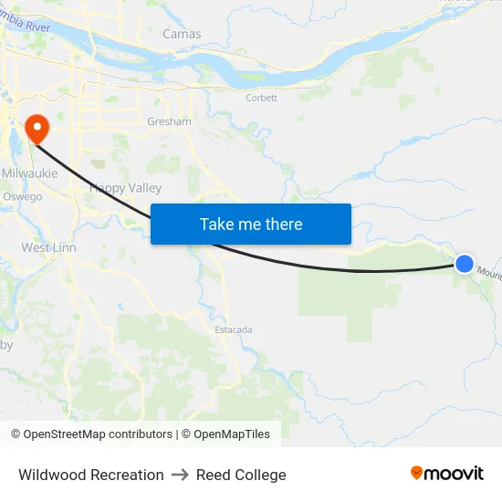 Wildwood Recreation to Reed College map
