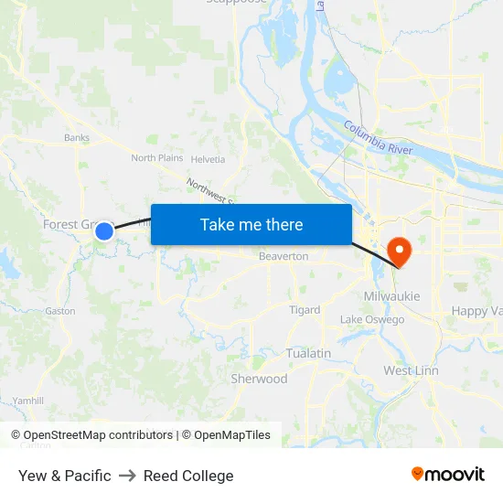 Yew & Pacific to Reed College map