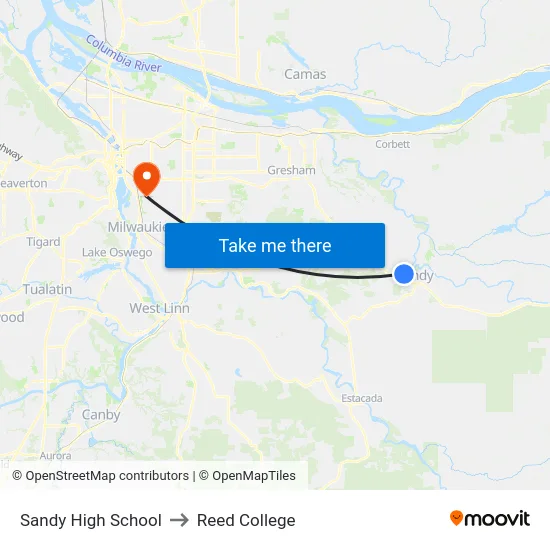 Sandy High School to Reed College map