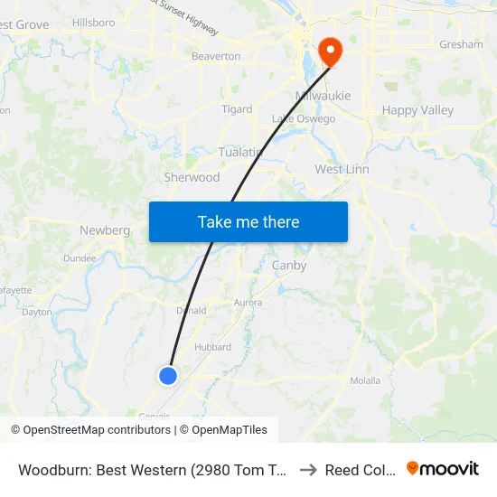 Woodburn: Best Western (2980 Tom Tennant Dr) to Reed College map