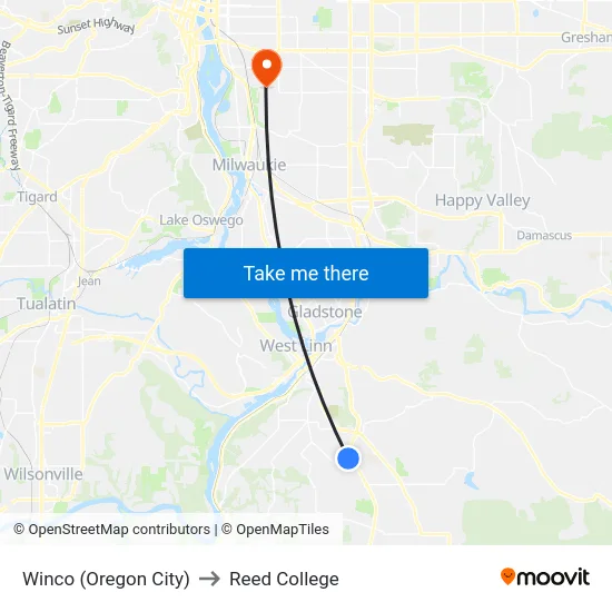 Winco (Oregon City) to Reed College map