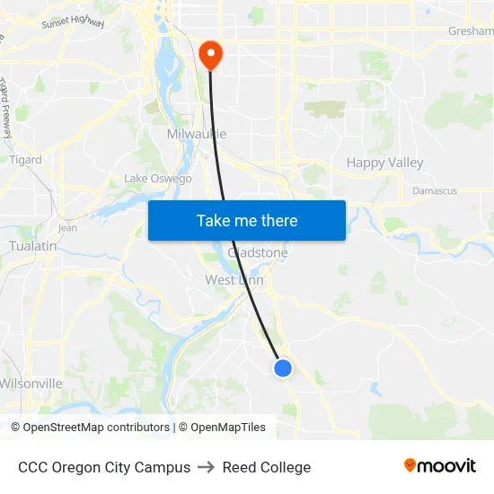 CCC Oregon City Campus to Reed College map