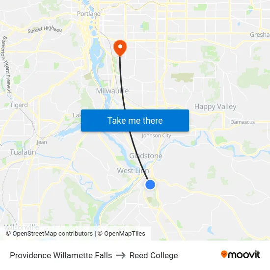 Providence Willamette Falls to Reed College map