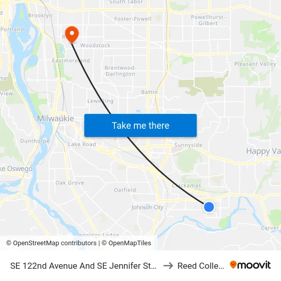 SE 122nd Avenue And SE Jennifer Street to Reed College map