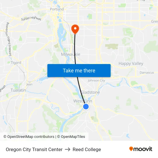 Oregon City Transit Center to Reed College map