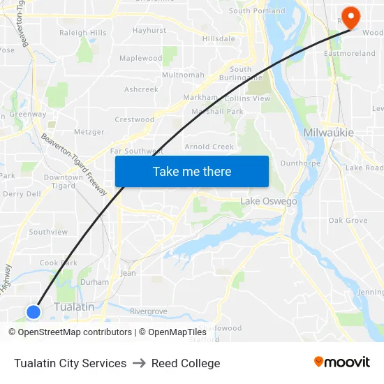 Tualatin City Services to Reed College map