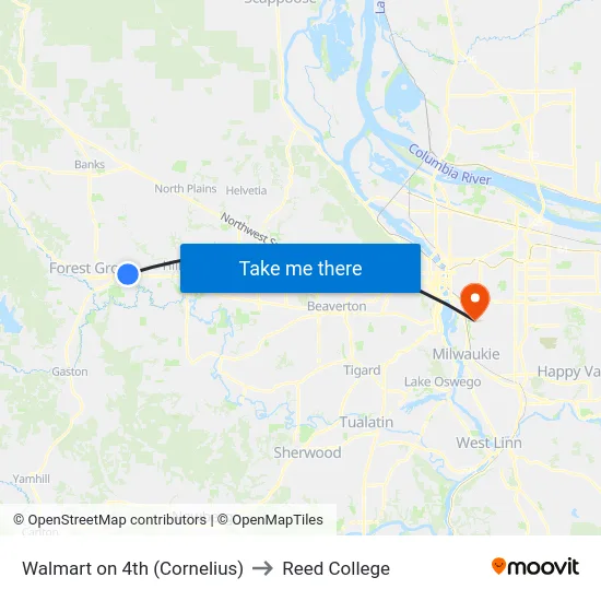 Walmart on 4th (Cornelius) to Reed College map