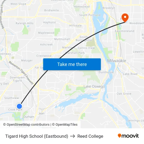 Tigard High School (Eastbound) to Reed College map