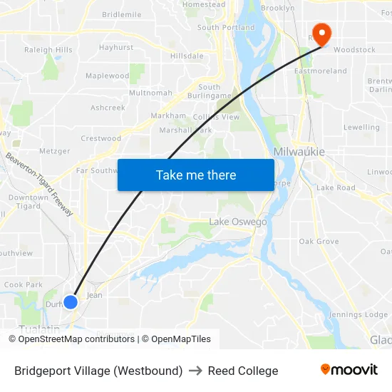 Bridgeport Village (Westbound) to Reed College map